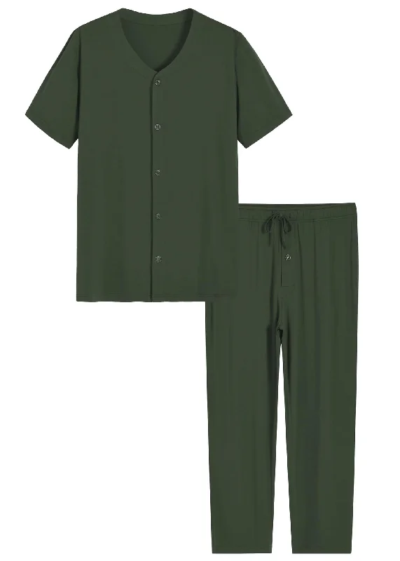 Men's Viscose Pajama Pants Set Short Sleeve Button Up Pjs