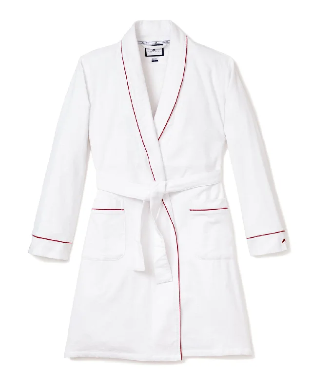 Women's Flannel Robe in White with Red Piping