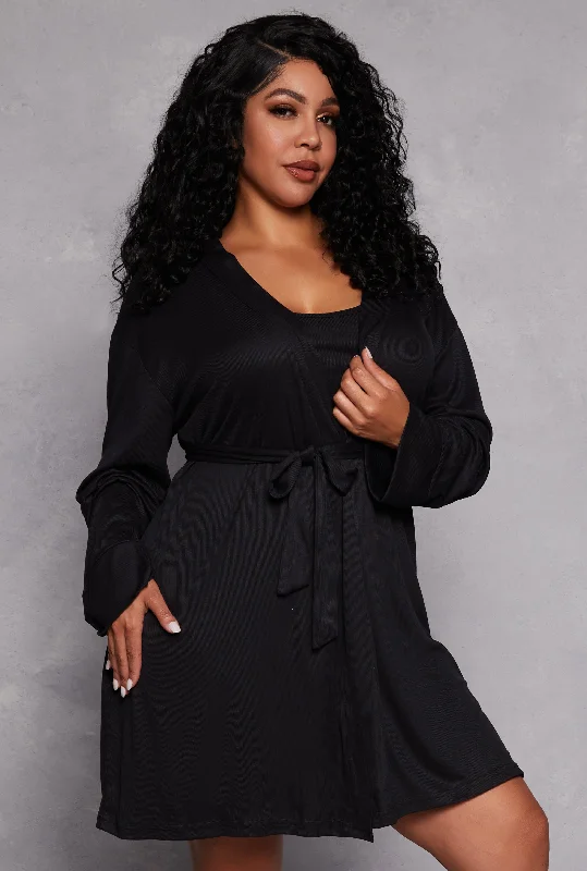 Plus Size Ribbed Knit Cami Nightgown with Robe