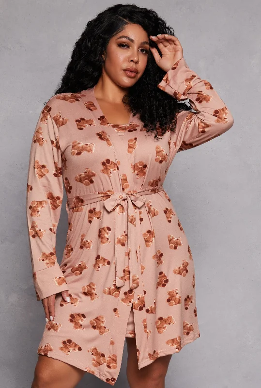 Plus Size Teddy Bear Print Cami Nightgown with Robe