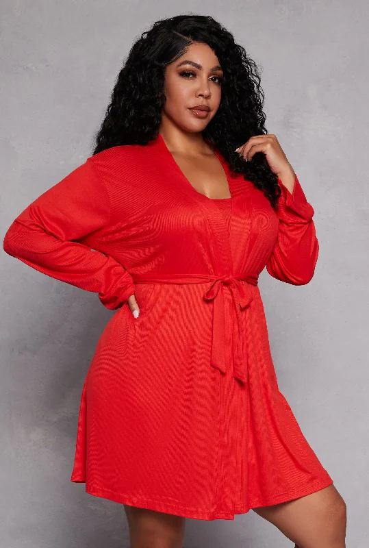 Plus Size Ribbed Knit Cami Nightgown with Robe