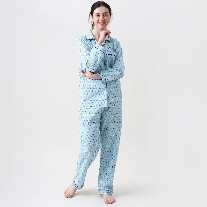 Women Lily Blockprint Pajama Set (English Blue)