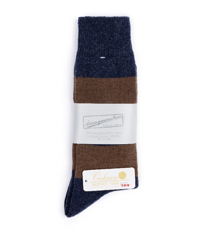 Anonymous Ism Wool Cashmere Striped Crew Socks: Blue/Brown