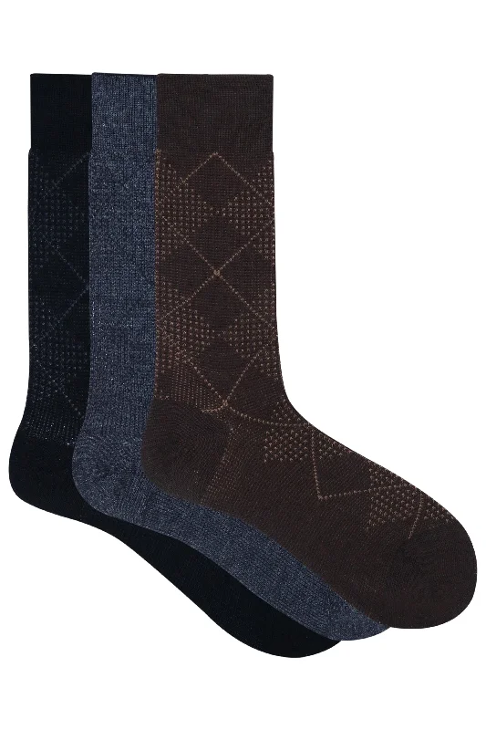 Balenzia Men's Woollen Argyle design crew Socks - Black,Brown,D.Grey- (Pack of 3 Pairs/1U)