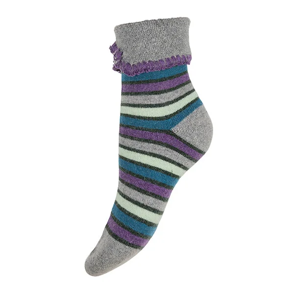 Grey Cuff Socks With green and purple stripes