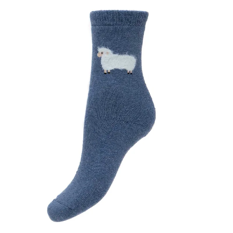 Thick wool blend dark blue socks with cream fluffy sheep